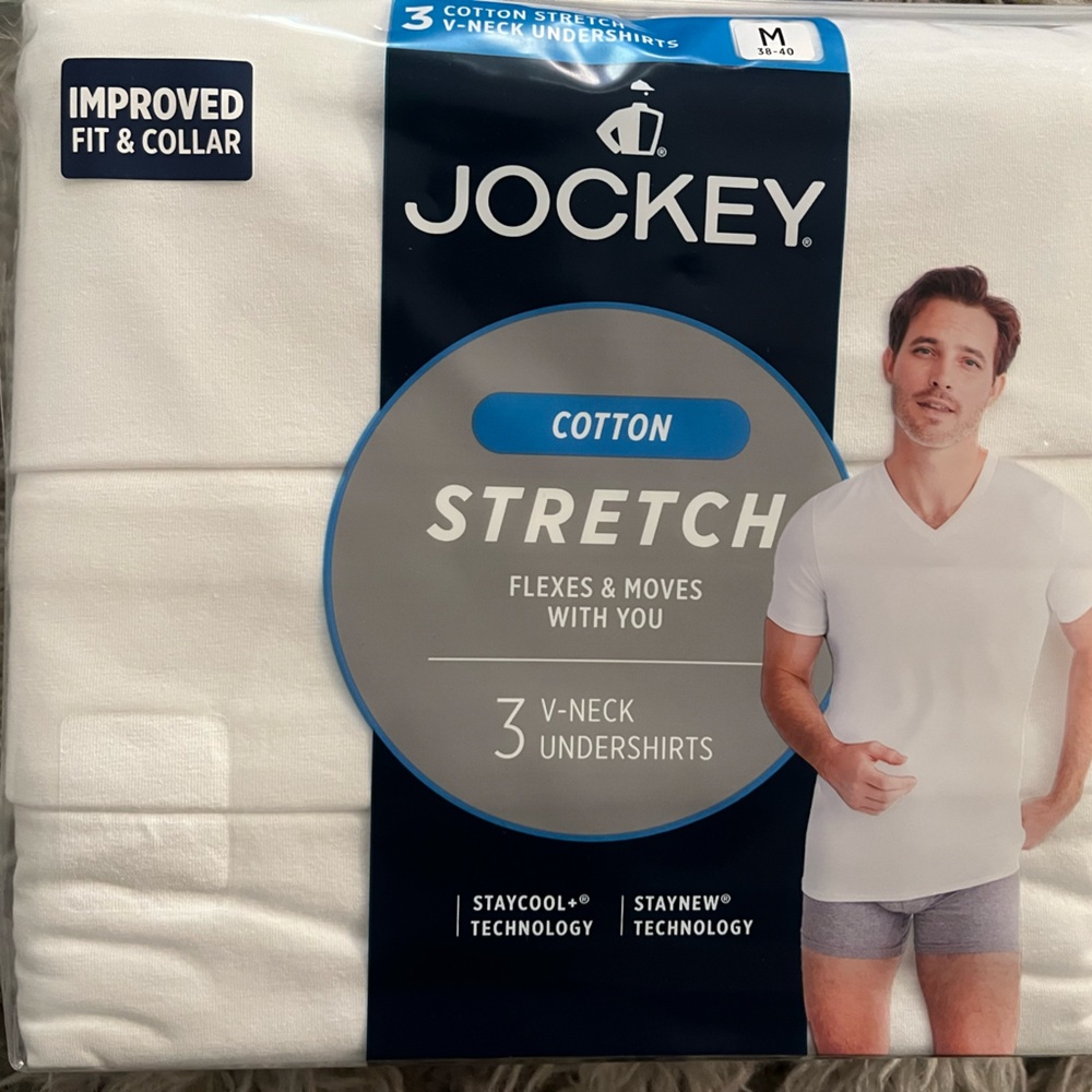 JOCKEY COTTON STRETCH V NECK UNDERSHIRTS 2 SIZES WHITE.